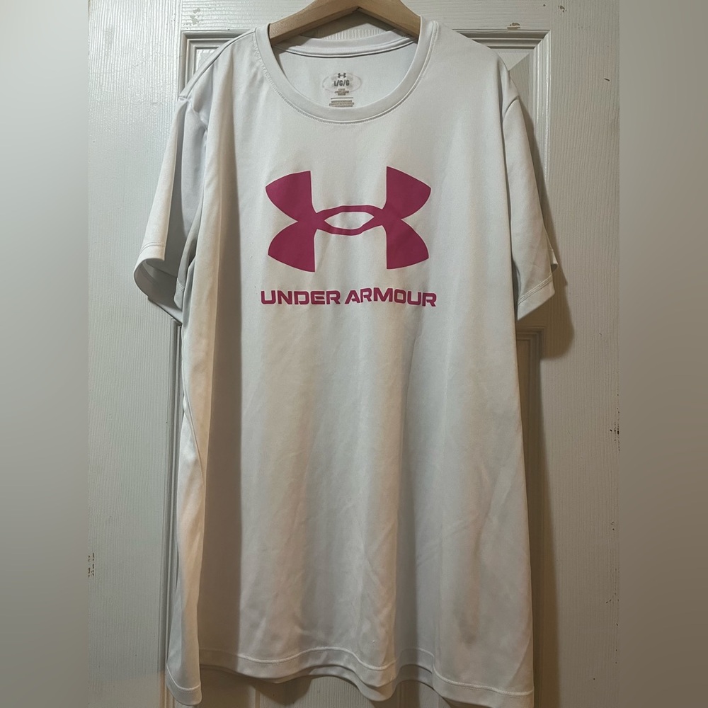 Under Armour White and Pink Logo T-Shirt